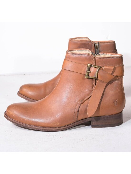 Frye Shoes - Frye Tan Leather Ankle Boots Inside Zip Knotted Buckle Short Bootie Women's 7